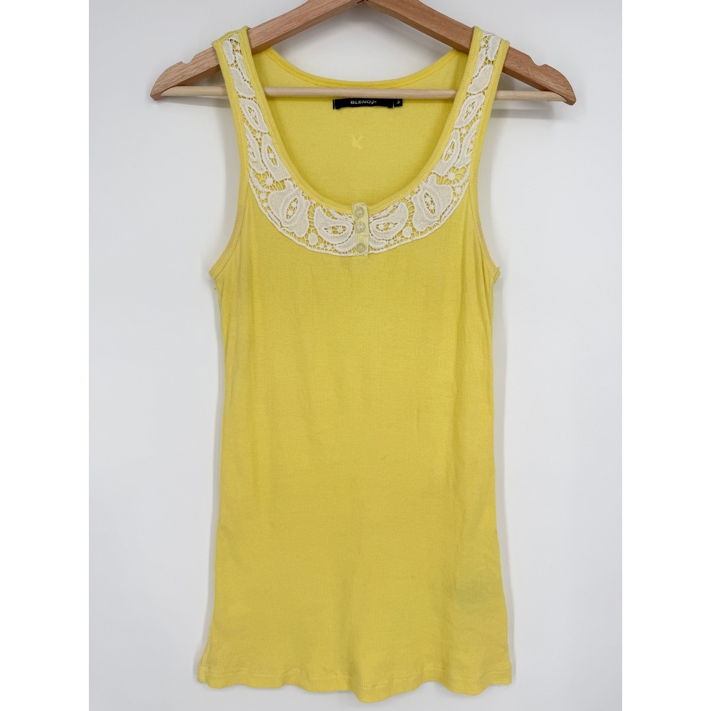 Blend She Y2K‎ Yellow Ribbed Tank Top Lace Collar Cotton Fairy